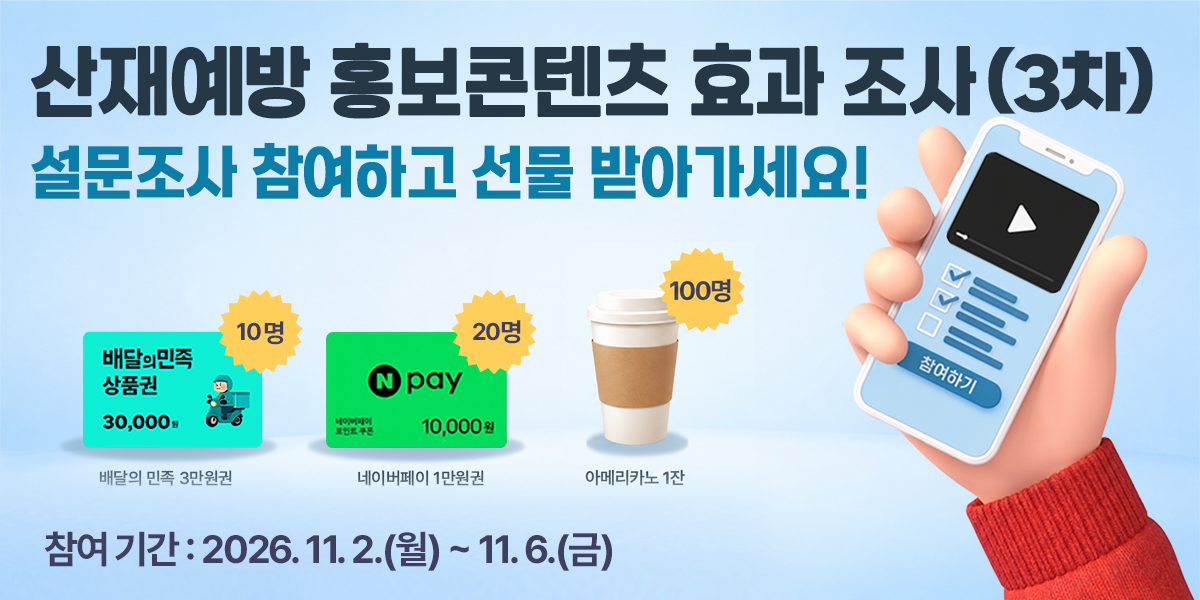 산재예방 홍보콘텐츠 효과 조사(3차) · 설문조사 참여하고 선물 받아가세요 · 경품: 배달의민족 3만원권 10명, 네이버페이 1만원권 20명, 아메리카노 1잔 100명 · 참여 기간 2026년 11월 2일부터 11월 6일까지